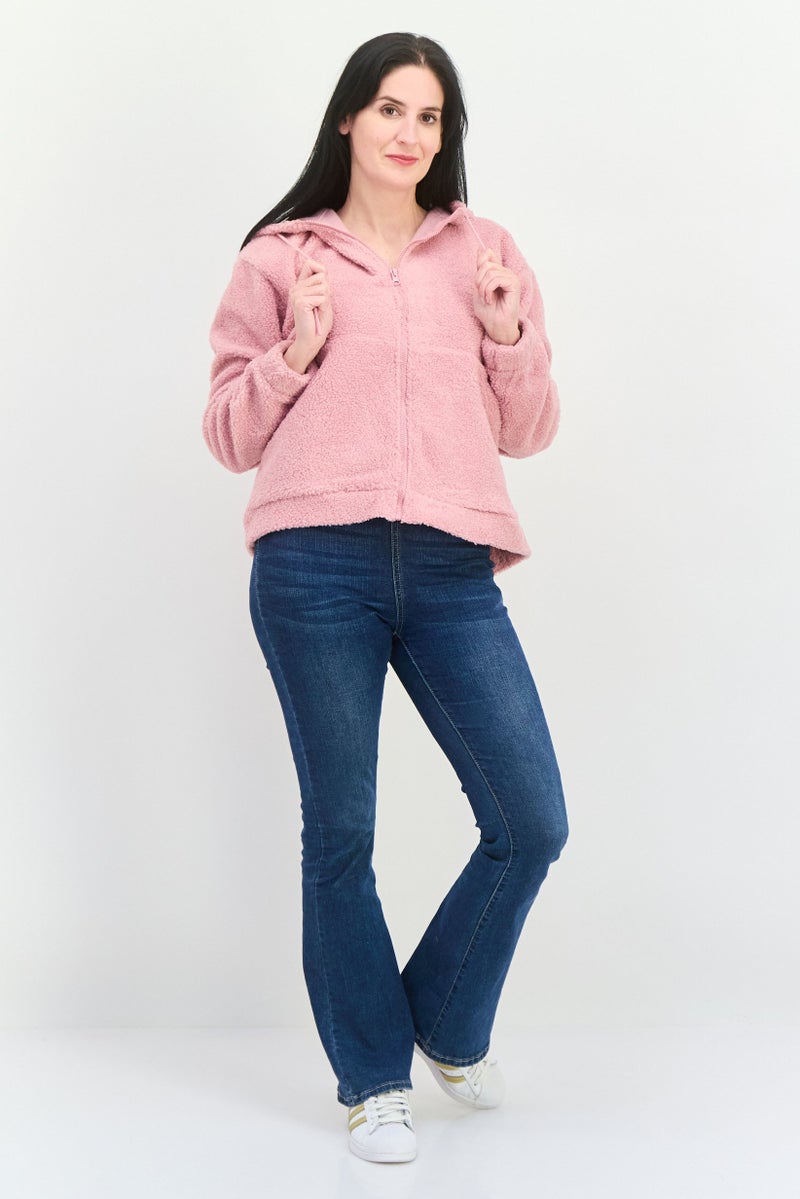 Hype Women Full Zipper Textured Long Sleeve Sweatshirt, Pink - Image 4