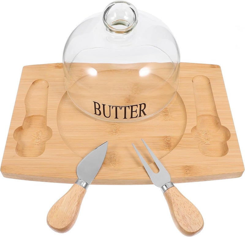 Wood Butter Dish with Dome Lid and Dual Knives, Leak-proof Butter Holder for Refrigerator, Cheese Keeper Tray for Kitchen Storage and Serving, 1pcs Set - Image 1