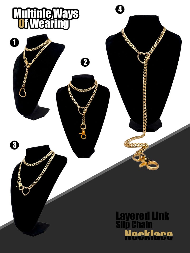 paloli Women's Slip Chain Gold Heart O-Ring Chunky Chain Necklace, Cuban Long Layered Jewelry, Adjustable Lariat Y-Necklace Heart Loop Choker - Image 5