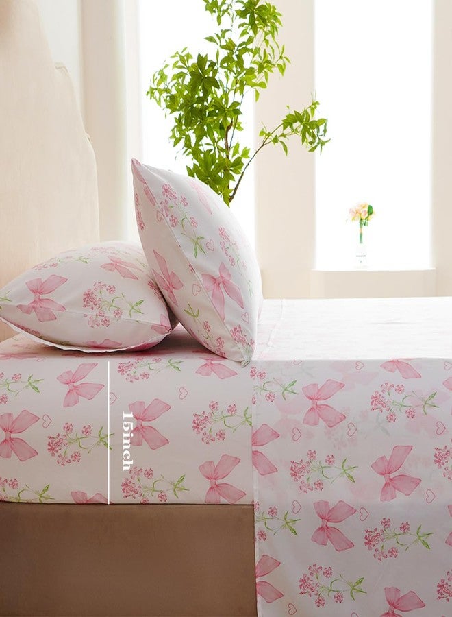 CCoutueChen Pink Bow Sheet Set Full Garden Floral Fitted Sheet Set for Girls Kids Soft Microfiber Fitted Flat Sheets & Pillowcases Cute Princess Style Bowknot Bedding Sets Toddlers 4 Pieces - Image 5