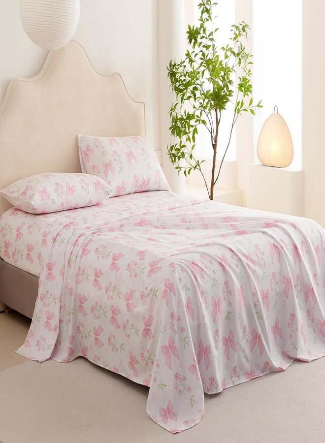 CCoutueChen Pink Bow Sheet Set Full Garden Floral Fitted Sheet Set for Girls Kids Soft Microfiber Fitted Flat Sheets & Pillowcases Cute Princess Style Bowknot Bedding Sets Toddlers 4 Pieces - Image 3