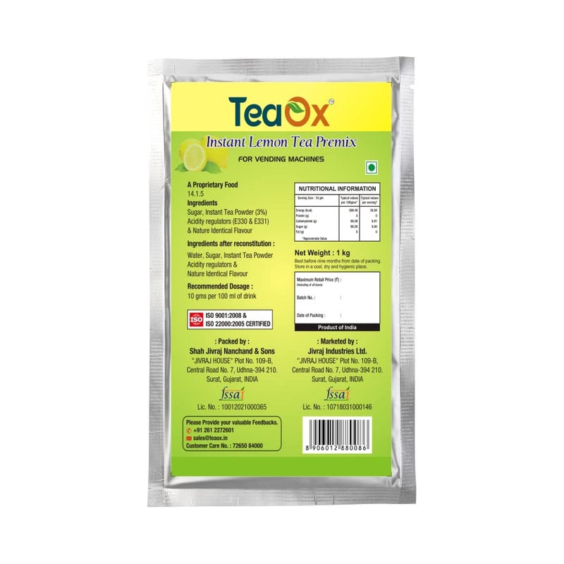 TeaOx Instant Lemon Tea Premix 1 kg Pouch | for Vending Machines | Instant Tea Powder | Premix Tea | Leman Grass - Image 1