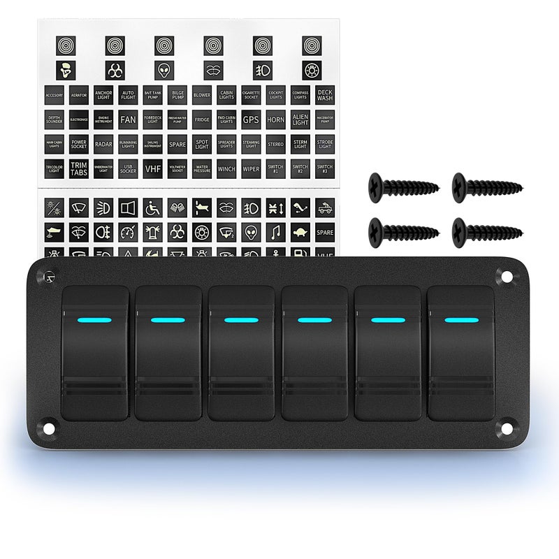 Joinfworld 6 Gang Rocker Switch Panel 12V Marine Boat Switch Panel Waterproof 12 Volt Blue LED Light Toggle Switch Panel ON Off with Pre-Wired for Boat Automotive Car Truck RV UTV - Image 1