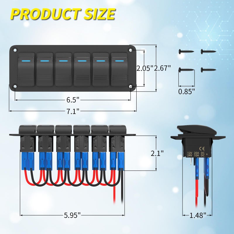 Joinfworld 6 Gang Rocker Switch Panel 12V Marine Boat Switch Panel Waterproof 12 Volt Blue LED Light Toggle Switch Panel ON Off with Pre-Wired for Boat Automotive Car Truck RV UTV - Image 2