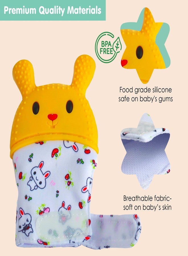 BabyMoo Baby Moo Rabbits Eat Carrots Yellow Silicone Teething Mitten Soothing Infant Teething Mitten Glove with Adjustable Strap, Crinkle Sound & Textured Silicone to Soothe Sore & Swollen Gums Age 3 Months + - Image 3