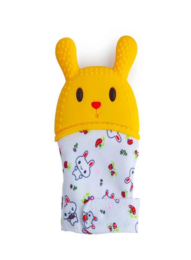 BabyMoo Baby Moo Rabbits Eat Carrots Yellow Silicone Teething Mitten Soothing Infant Teething Mitten Glove with Adjustable Strap, Crinkle Sound & Textured Silicone to Soothe Sore & Swollen Gums Age 3 Months + - Image 1