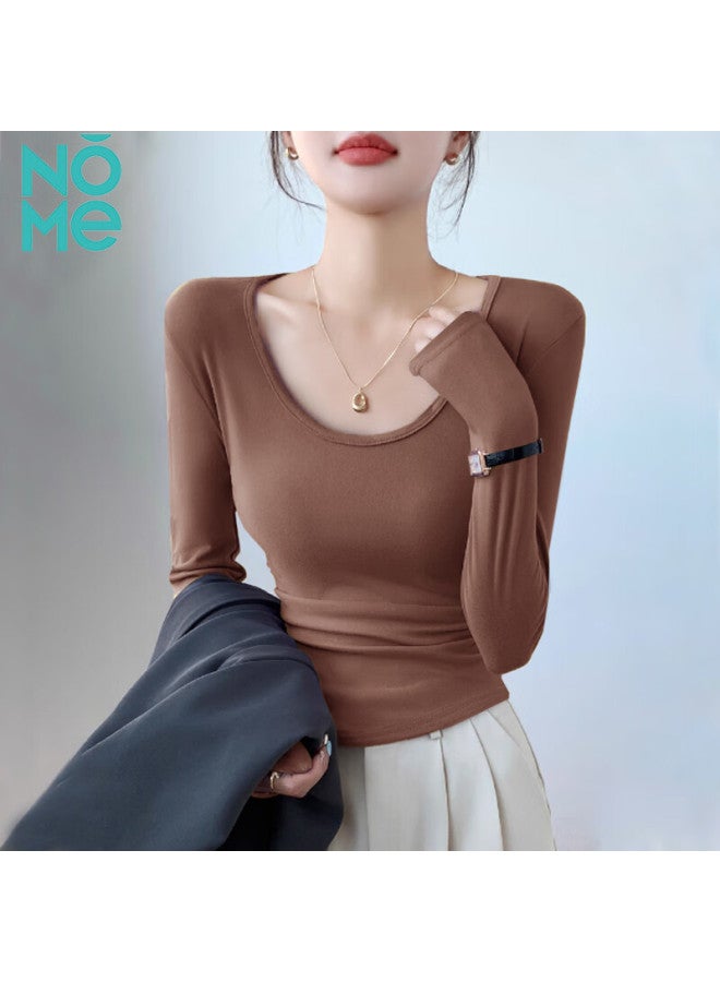 Nome Thermal Velvet Autumn Winter Women's Thickened Warm U-neck Long Sleeve Slim Fit Base Layer Top Black 2XL - Image 3