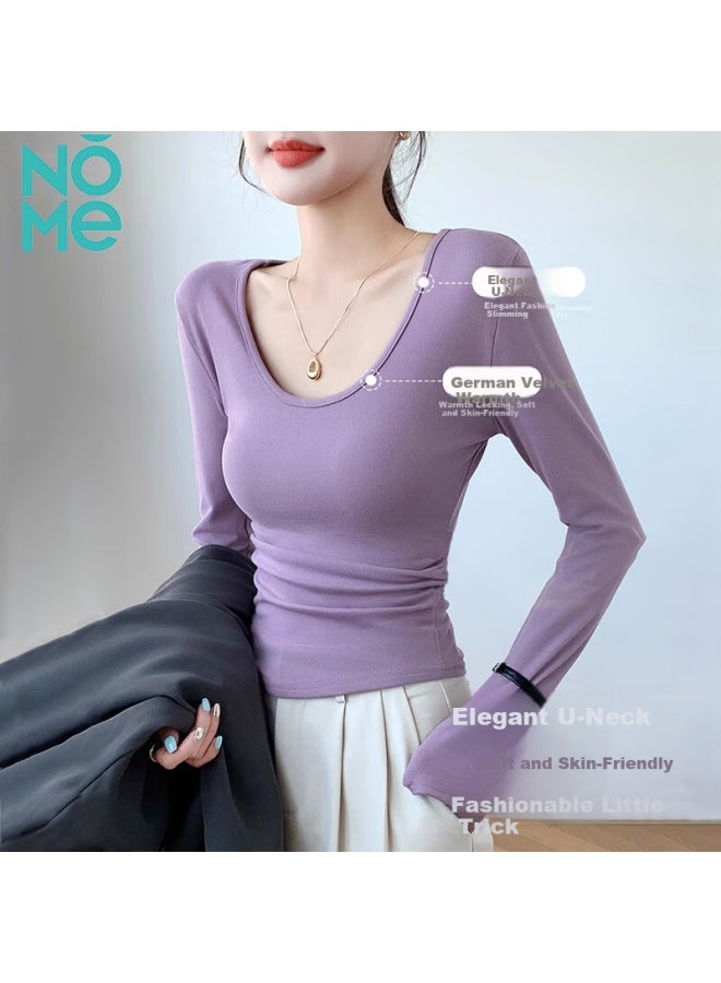 Nome Thermal Velvet Autumn Winter Women's Thickened Warm U-neck Long Sleeve Slim Fit Base Layer Top Black 2XL - Image 2