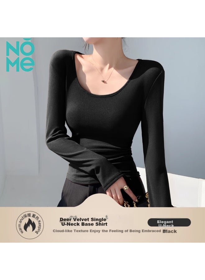 Nome Thermal Velvet Autumn Winter Women's Thickened Warm U-neck Long Sleeve Slim Fit Base Layer Top Black 2XL - Image 1