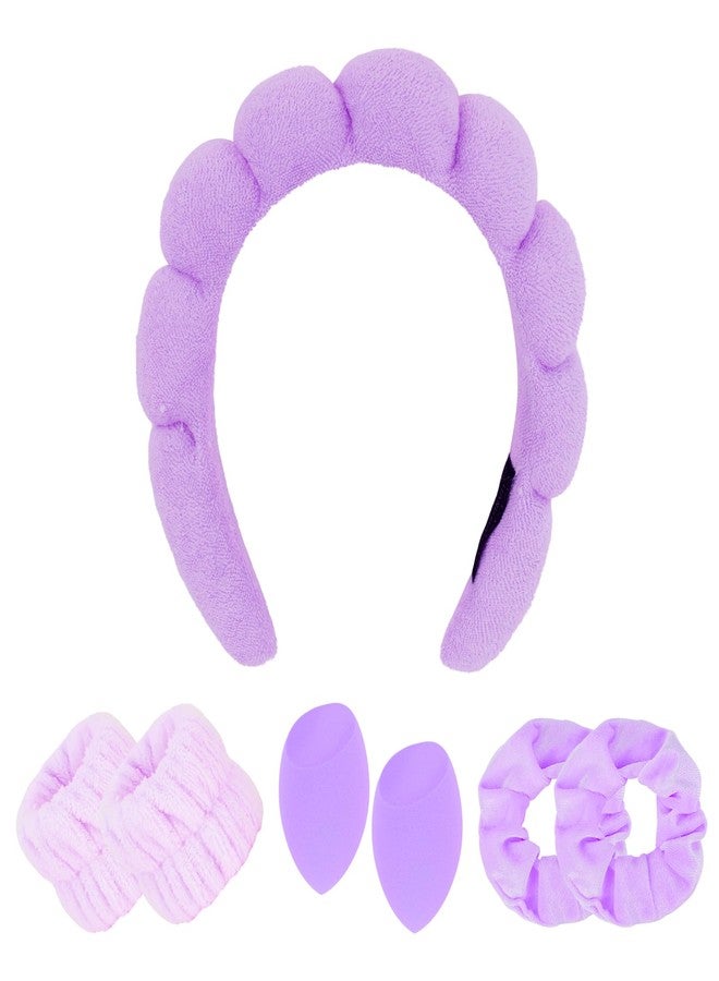 CAVETEE Makeup Headband for Washing Face, Spa Headband Wristband and Makeup Sponge, Skincare Headband Thick Sponge Headband for Women Girls, Purple - Image 1