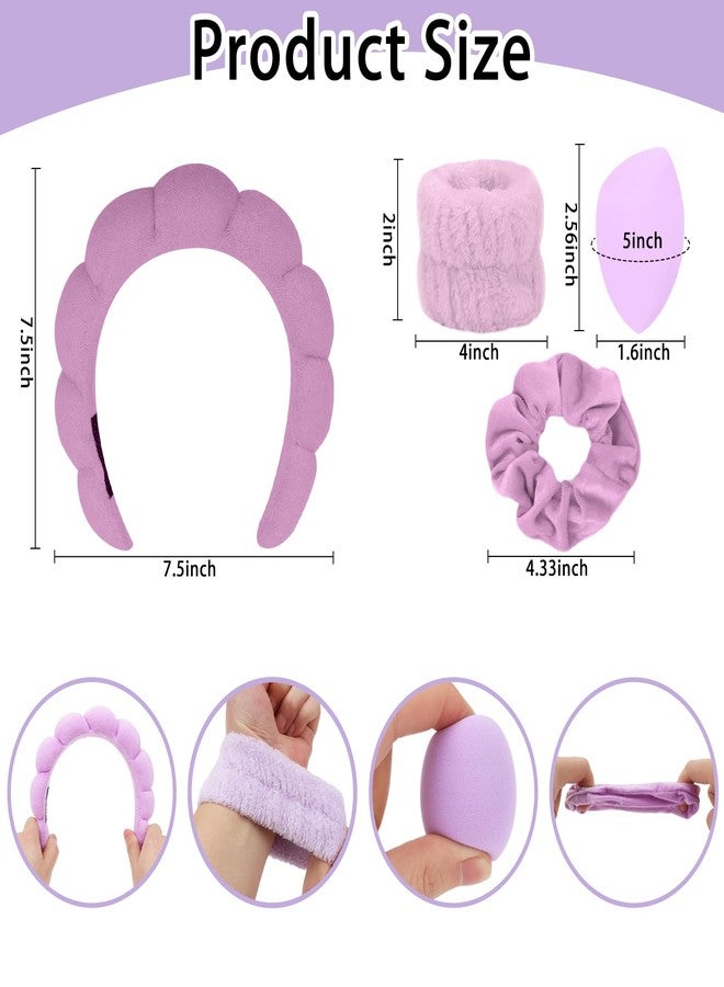 CAVETEE Makeup Headband for Washing Face, Spa Headband Wristband and Makeup Sponge, Skincare Headband Thick Sponge Headband for Women Girls, Purple - Image 2
