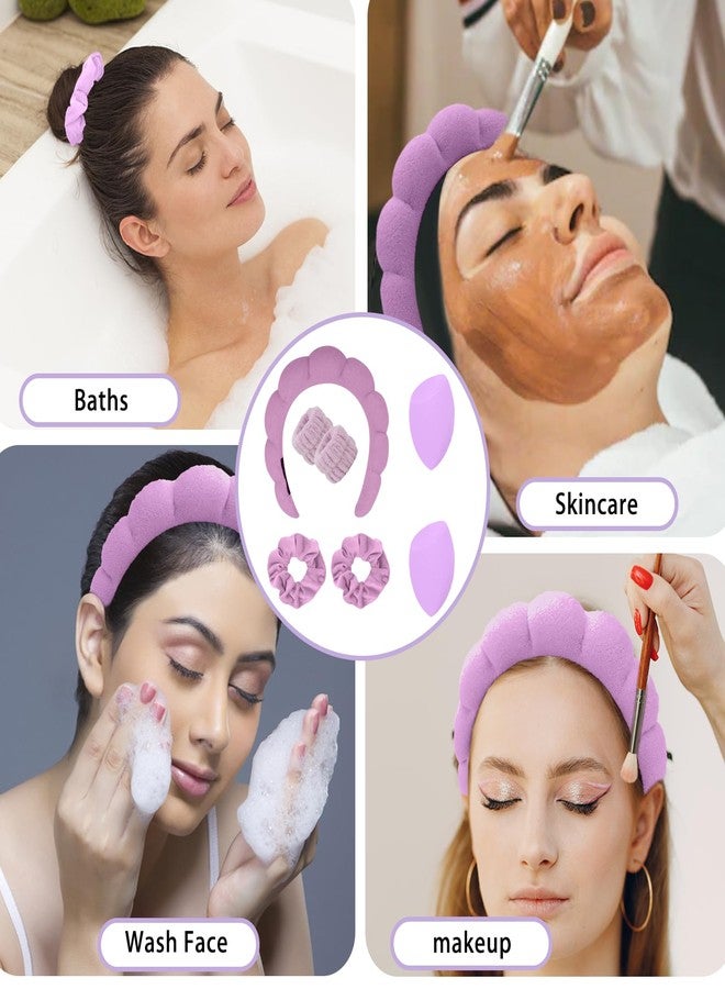 CAVETEE Makeup Headband for Washing Face, Spa Headband Wristband and Makeup Sponge, Skincare Headband Thick Sponge Headband for Women Girls, Purple - Image 5