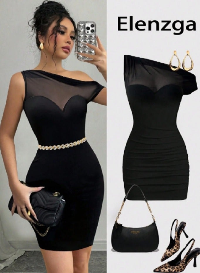 Shein SHEIN  Women's  Sheer Mesh Patchwork Asymmetrical Neckline Mini Dress  - Image 1