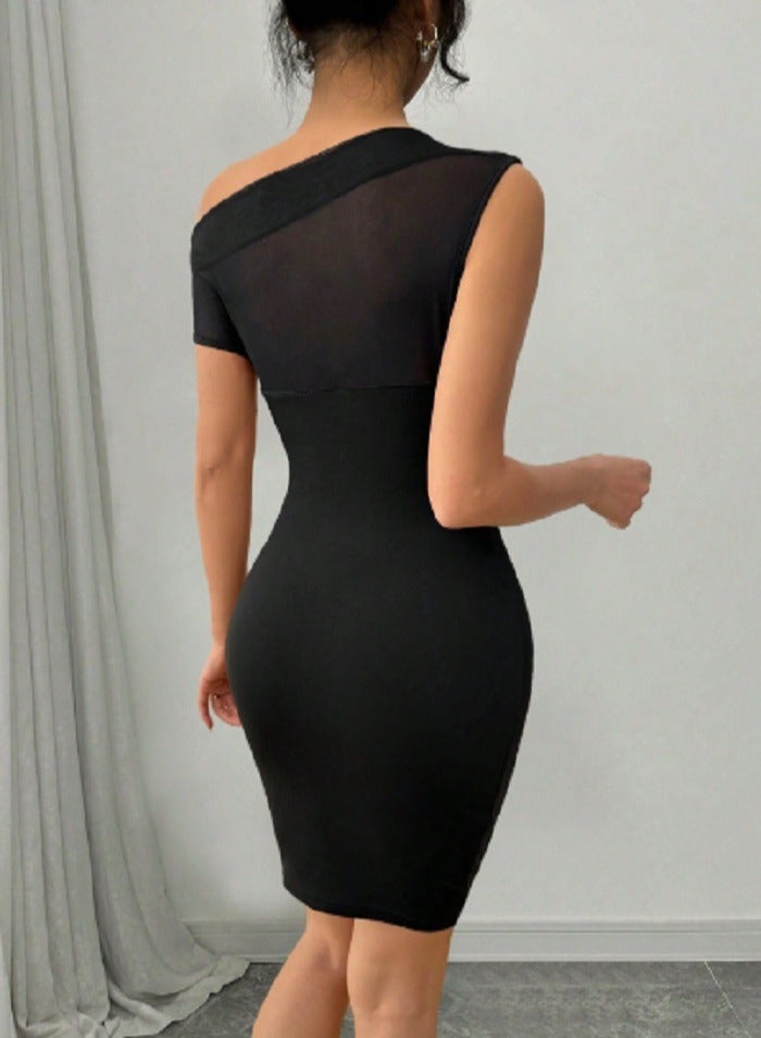 Shein SHEIN  Women's  Sheer Mesh Patchwork Asymmetrical Neckline Mini Dress  - Image 5