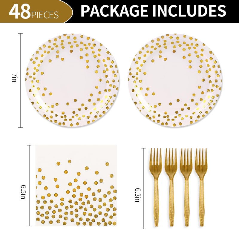 KFJBPB 48PCS White and Gold Plates and Napkins Party Supplies, Gold Dot Disposable Party Paper Plates and Napkins with Forks Tableware Set for Wedding Baby Shower Birthday Decorations 16 Guests - Image 2