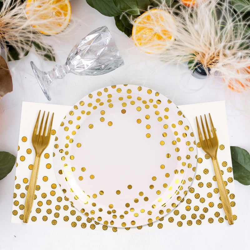 KFJBPB 48PCS White and Gold Plates and Napkins Party Supplies, Gold Dot Disposable Party Paper Plates and Napkins with Forks Tableware Set for Wedding Baby Shower Birthday Decorations 16 Guests - Image 5