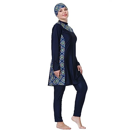 ODIZLI Swimsuit Women Muslim Plus Size Muslim Swimsuits for Women Modest Islamic Arabic Swimwear Burkini Long Sleeve 3PCS Sun Protection Rash Guard Fat Bathing Suits with Cap Navy Blue d 5XL - Image 2