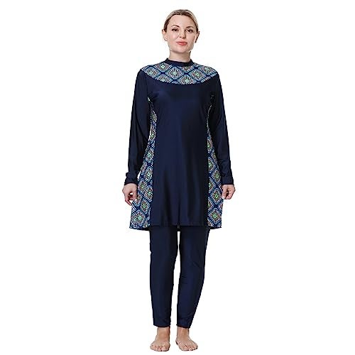 ODIZLI Swimsuit Women Muslim Plus Size Muslim Swimsuits for Women Modest Islamic Arabic Swimwear Burkini Long Sleeve 3PCS Sun Protection Rash Guard Fat Bathing Suits with Cap Navy Blue d 5XL - Image 4