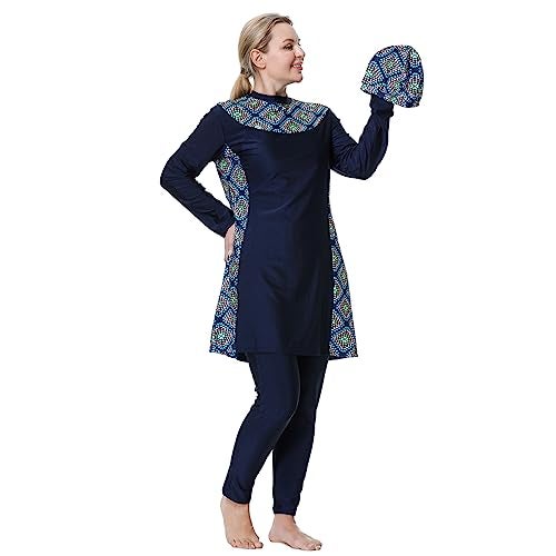 ODIZLI Swimsuit Women Muslim Plus Size Muslim Swimsuits for Women Modest Islamic Arabic Swimwear Burkini Long Sleeve 3PCS Sun Protection Rash Guard Fat Bathing Suits with Cap Navy Blue d 5XL - Image 3