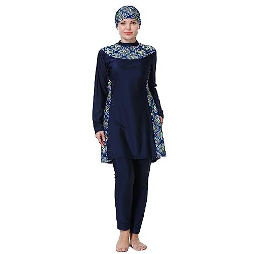 ODIZLI Swimsuit Women Muslim Plus Size Muslim Swimsuits for Women Modest Islamic Arabic Swimwear Burkini Long Sleeve 3PCS Sun Protection Rash Guard Fat Bathing Suits with Cap Navy Blue d 5XL - Image 1