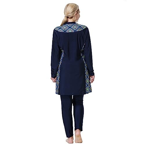 ODIZLI Swimsuit Women Muslim Plus Size Muslim Swimsuits for Women Modest Islamic Arabic Swimwear Burkini Long Sleeve 3PCS Sun Protection Rash Guard Fat Bathing Suits with Cap Navy Blue d 5XL - Image 5