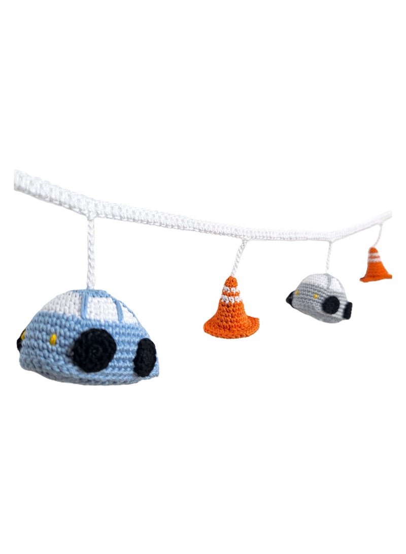 JewelOnPalette Handmade Crochet Car and Traffic Cone Garland Banner Pennant - Baby Pram Walker or Nursery Decor | Hand made Car-Themed Walker Crib Hanging Decoration | Perfect Baby Shower Gift for Future Motorheads JewelOnPalette - Image 1