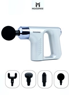 Muscle massage gun device with five speeds and four multi-heads with a strong and safe battery. Helps relax muscles. silver