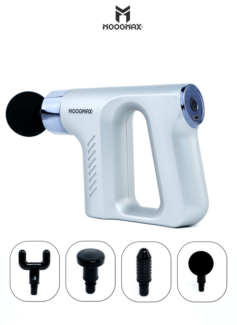 MOOGMAX - Muscle massage gun device with five speeds and four multi-heads with a strong and safe battery. Helps relax muscles. silver - Image 1