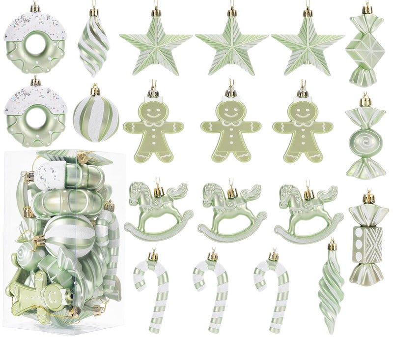 LANGXUN 20pcs Maca Green Christmas Ornaments for 2024 Christmas Tree Hanging Decorations   rbol de Navidad Decoraci n  Plastic Horse  Gingerbread Man  Candy  Stars  Candy Cane Xmas Party Decor - Image 1