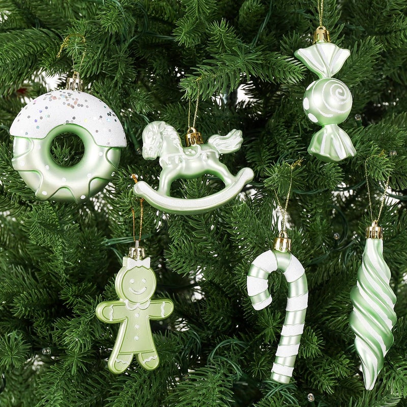 LANGXUN 20pcs Maca Green Christmas Ornaments for 2024 Christmas Tree Hanging Decorations   rbol de Navidad Decoraci n  Plastic Horse  Gingerbread Man  Candy  Stars  Candy Cane Xmas Party Decor - Image 4