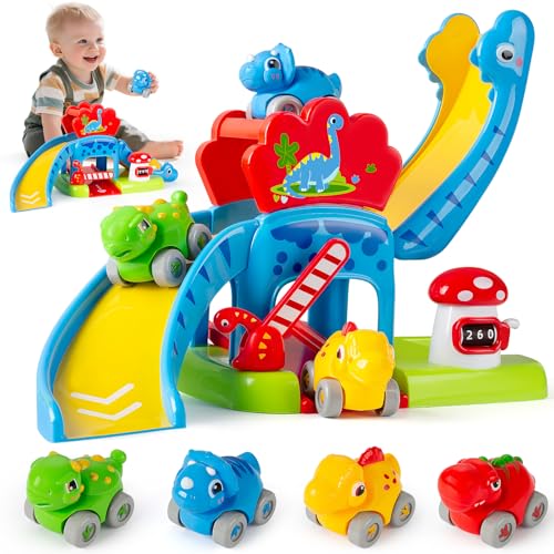 LACCHOUFEE Dinosaur Car Ramp Toy for Toddlers 13 Drop Go Ramp Racer with 4 Mini Cars Educational Toy for 1 2 Year Old Boys Girls First Birthday Gift - Image 1
