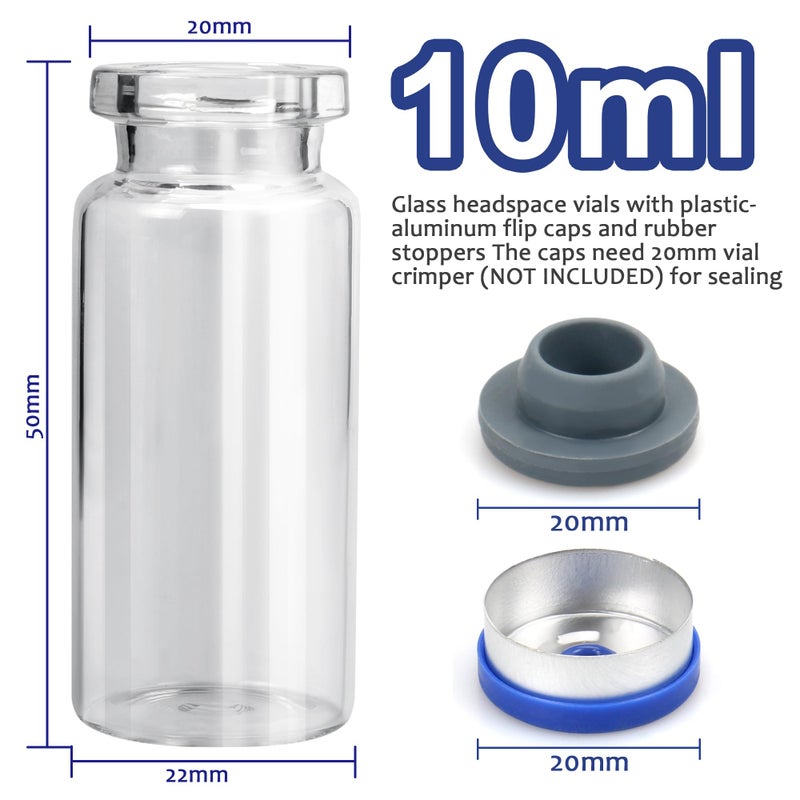 Alyoen 100 Pack 10ml Glass Vials Clear Glass Headspace Vial with Plastic-Aluminum Flip Caps, Rubber Stoppers and Label Papers, Small Glass Lab Vials - Image 2