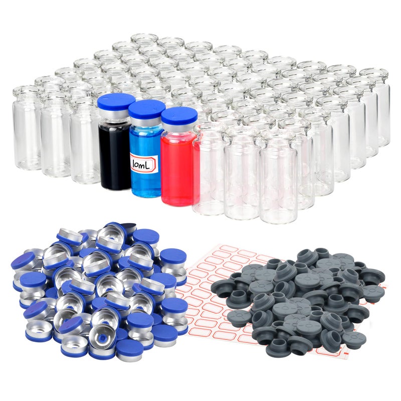 Alyoen 100 Pack 10ml Glass Vials Clear Glass Headspace Vial with Plastic-Aluminum Flip Caps, Rubber Stoppers and Label Papers, Small Glass Lab Vials - Image 1