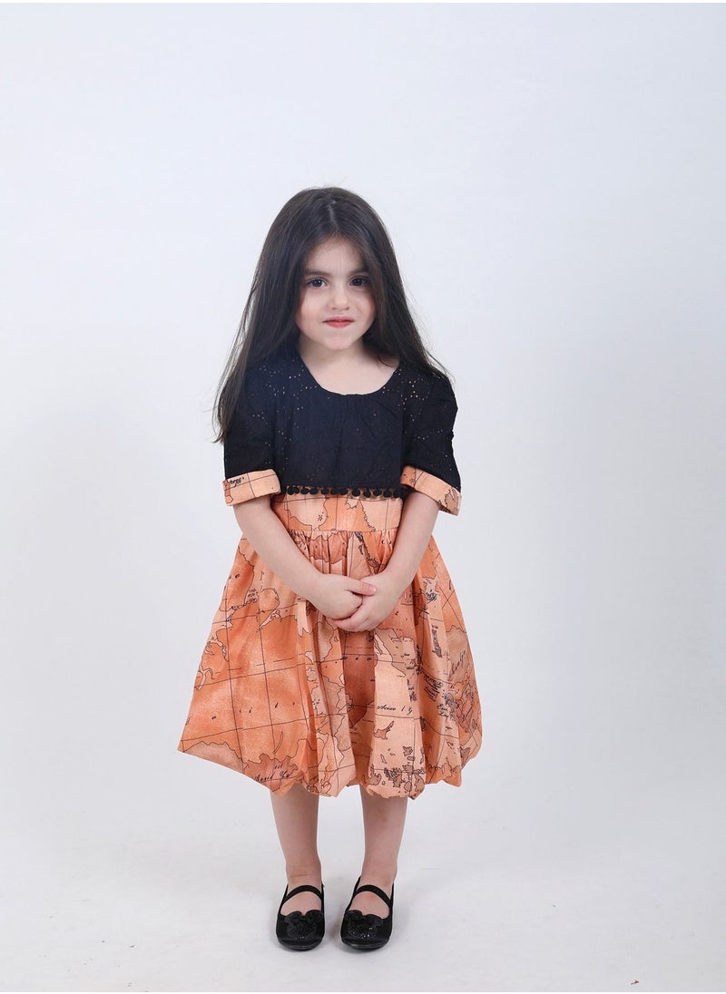 FULL JOY - Baby Girls' Dress with text sleeves with elegant design, Onion-Black - Image 1