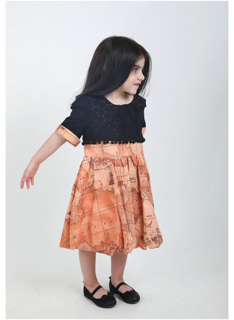 FULL JOY - Baby Girls' Dress with text sleeves with elegant design, Onion-Black - Image 1