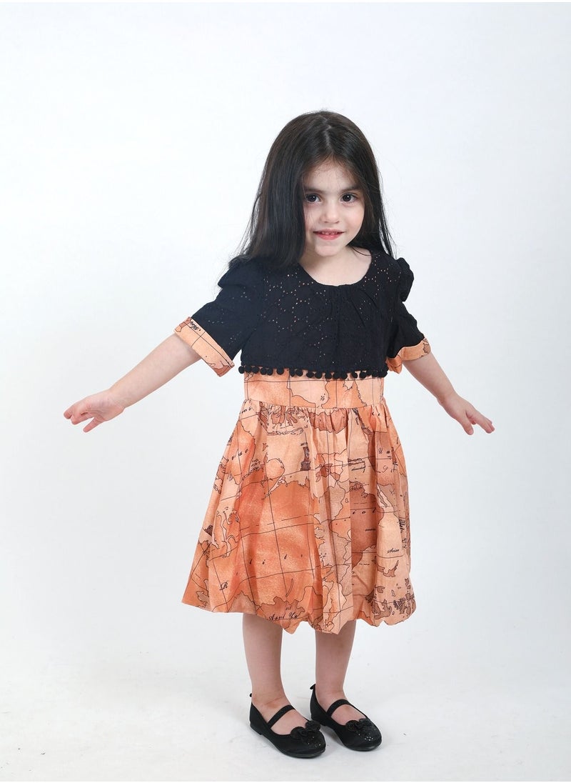 FULL JOY - Baby Girls' Dress with text sleeves with elegant design, Onion-Black - Image 1