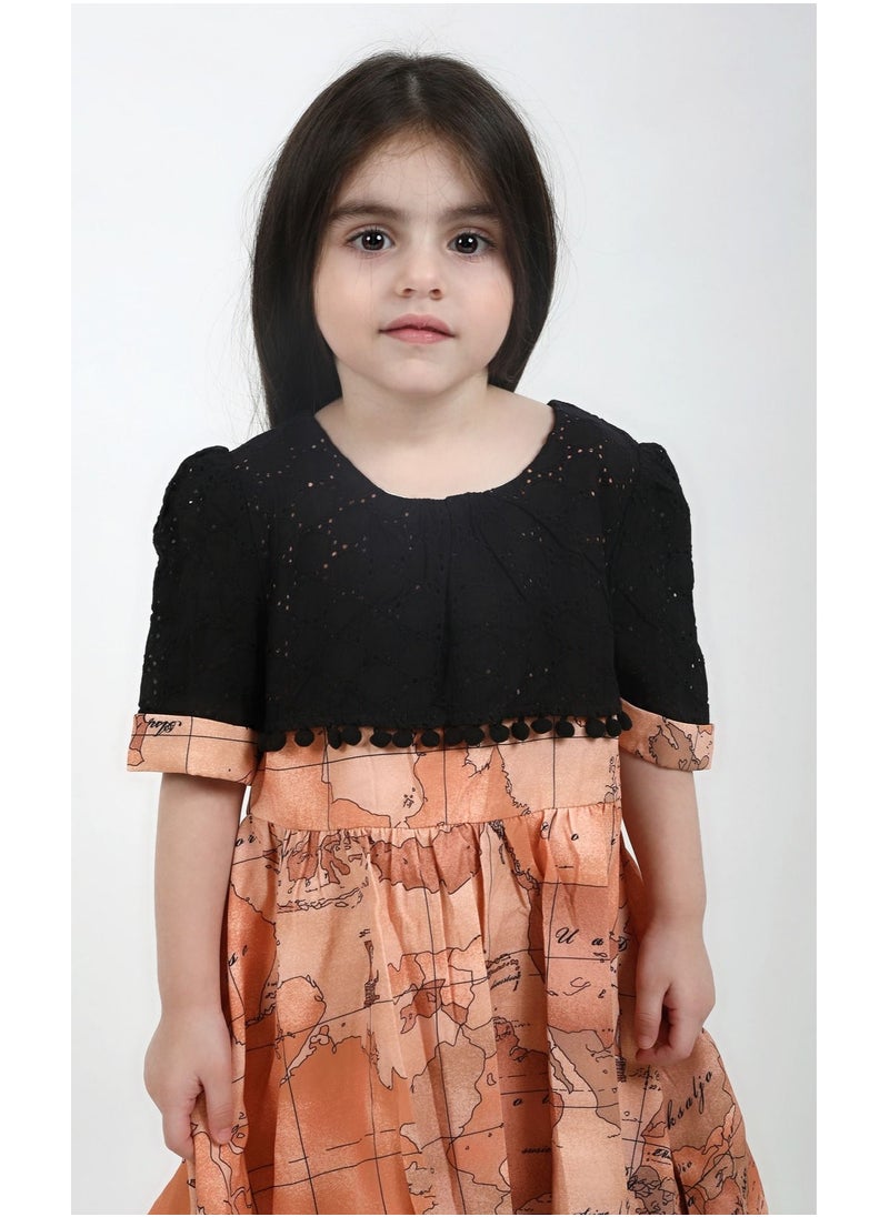 FULL JOY - Baby Girls' Dress with text sleeves with elegant design, Onion-Black - Image 1