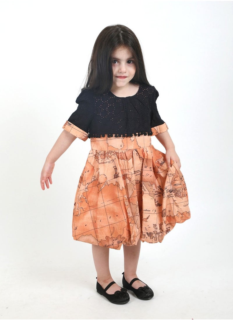 FULL JOY - Baby Girls' Dress with text sleeves with elegant design, Onion-Black - Image 1