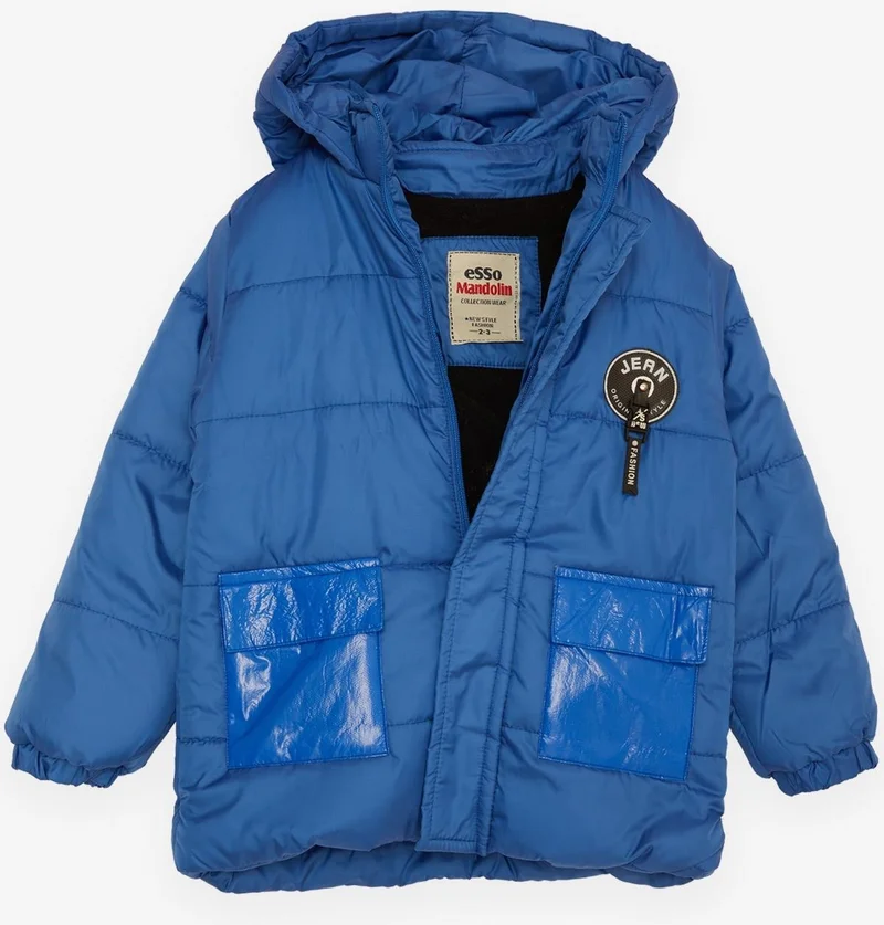 Esso Mandolin Breeze Boy's Coat with Pockets, Hooded and Emblem, Age 2-6, Saks Blue
