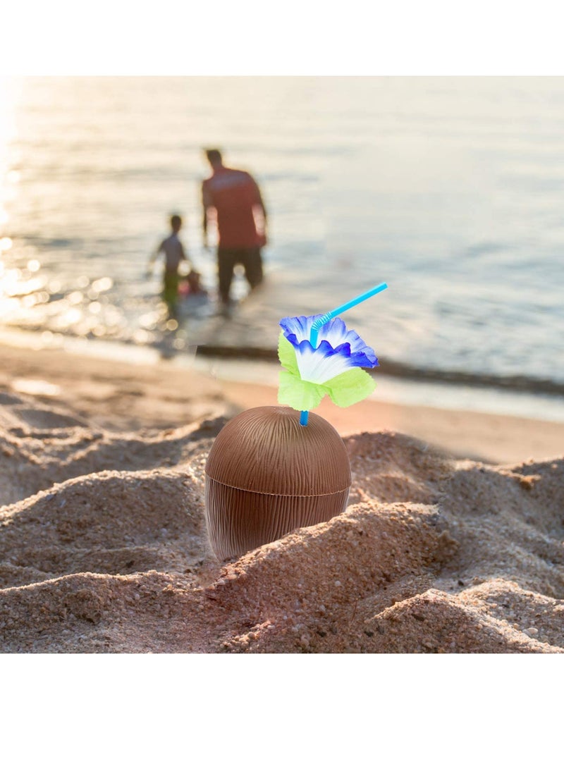 SYOSI 18 Pieces Coconut Cups with 18 Pieces of Plastic Colorful Hibiscus Straws for Hawaiian Luau Kids Party Summer Beach Party Tiki and Beach Theme Party Fun Drink or Decoration Cups - Image 2