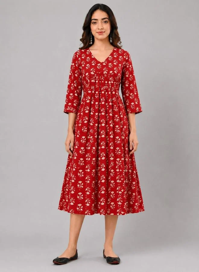 House Of Raeli Maroon Floral Print Ruffle Details A-Line Midi Dress