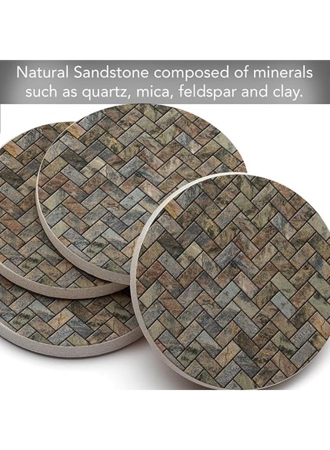 Thirstystone Stone Herringbone Pattern Natural Sandstone Coaster 4 Pack Eco-Friendly, Absorbent, Easily Wipes Clean - Image 2