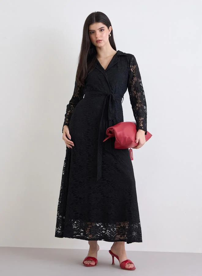 Styli Styli Black All Lace Wrap Maxi Dress