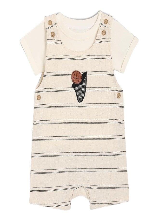 miniklub Cotton Half Sleeves Striped Dungaree With Tee - (0-3M) - Image 1