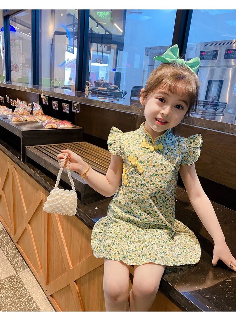 Girls Chinese Style Hanfu Summer Dress Green Floral -5 