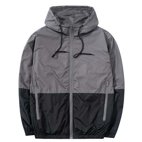 XiaoYouYu Men's Lightweight Windbreaker Jackets Outdoor Hooded Pocket Raincoat Jacket (Grey, XX-Large) - Image 1