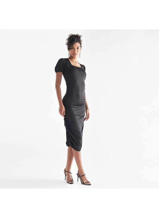 FAV Ruched Detail Midi Dress with Square Neck and Puff Sleeves  - Image 2