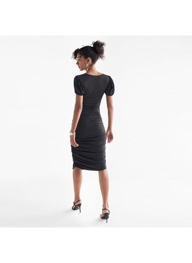 FAV Ruched Detail Midi Dress with Square Neck and Puff Sleeves  - Image 3
