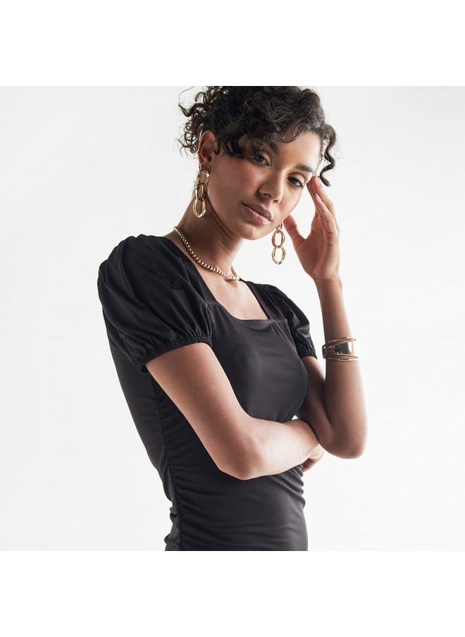 FAV Ruched Detail Midi Dress with Square Neck and Puff Sleeves  - Image 4