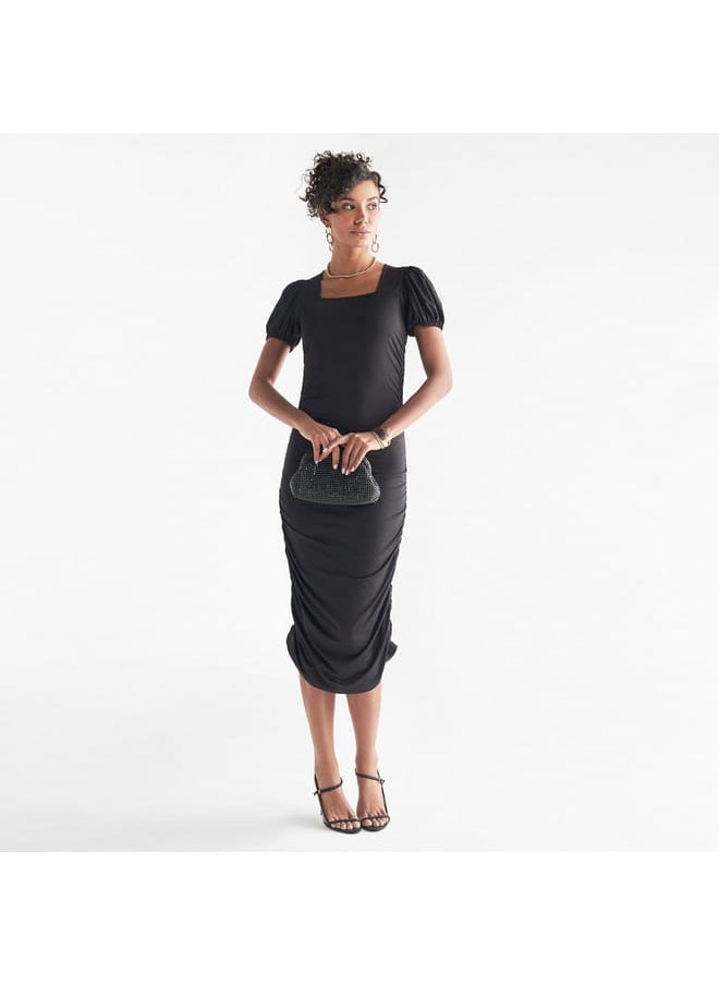 FAV Ruched Detail Midi Dress with Square Neck and Puff Sleeves  - Image 1